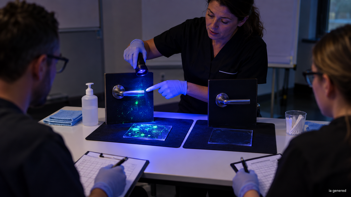 Formatrice gantée comparant sous UV une zone témoin et une zone nettoyée devant deux participants.